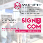 Modico Graphics auf der Messe Sign2Com vom 8.-10. Oktober 23 in Kortrijk, Belgien. Jetzt registrieren für kostenlosen Eintritt unter sign2.com.com mit dem Code Modi2023